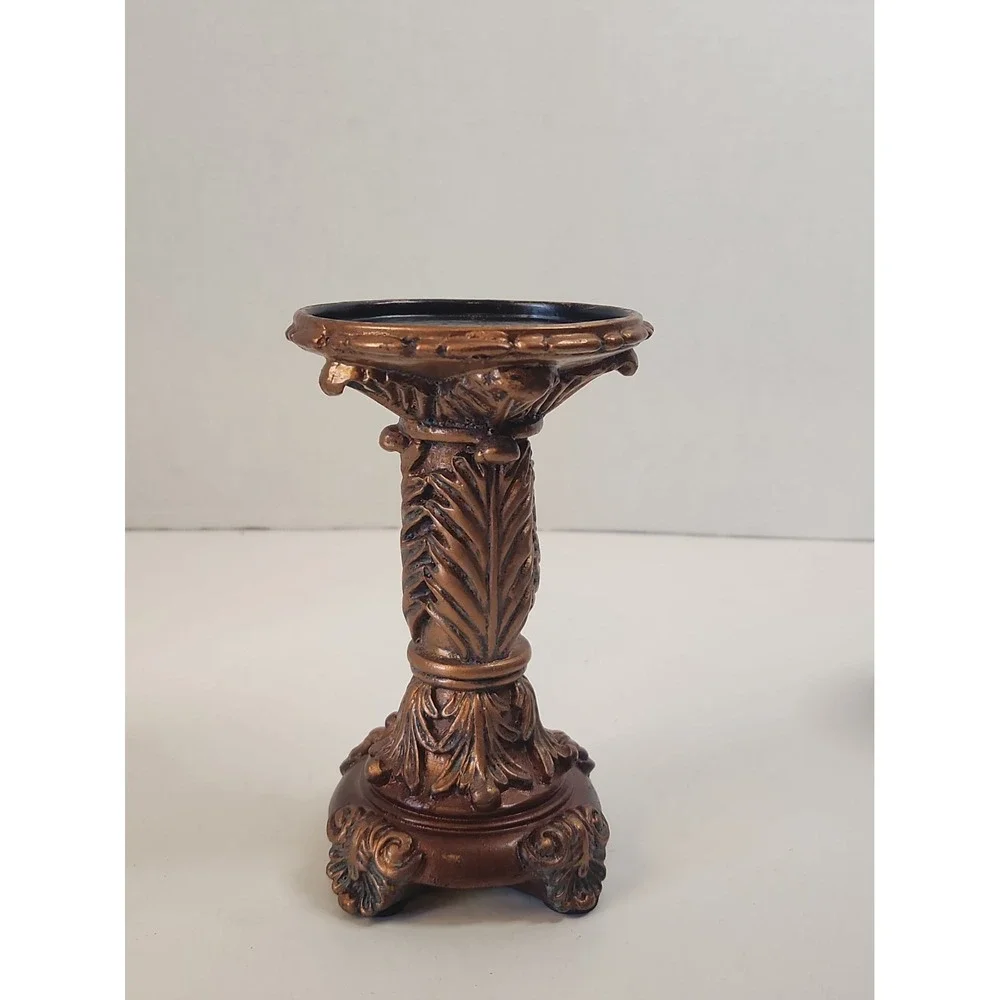 Vtg '03 Goldtone Baroque Pillar Candle Holder Pedestals Staggered Set of 2 Resin
